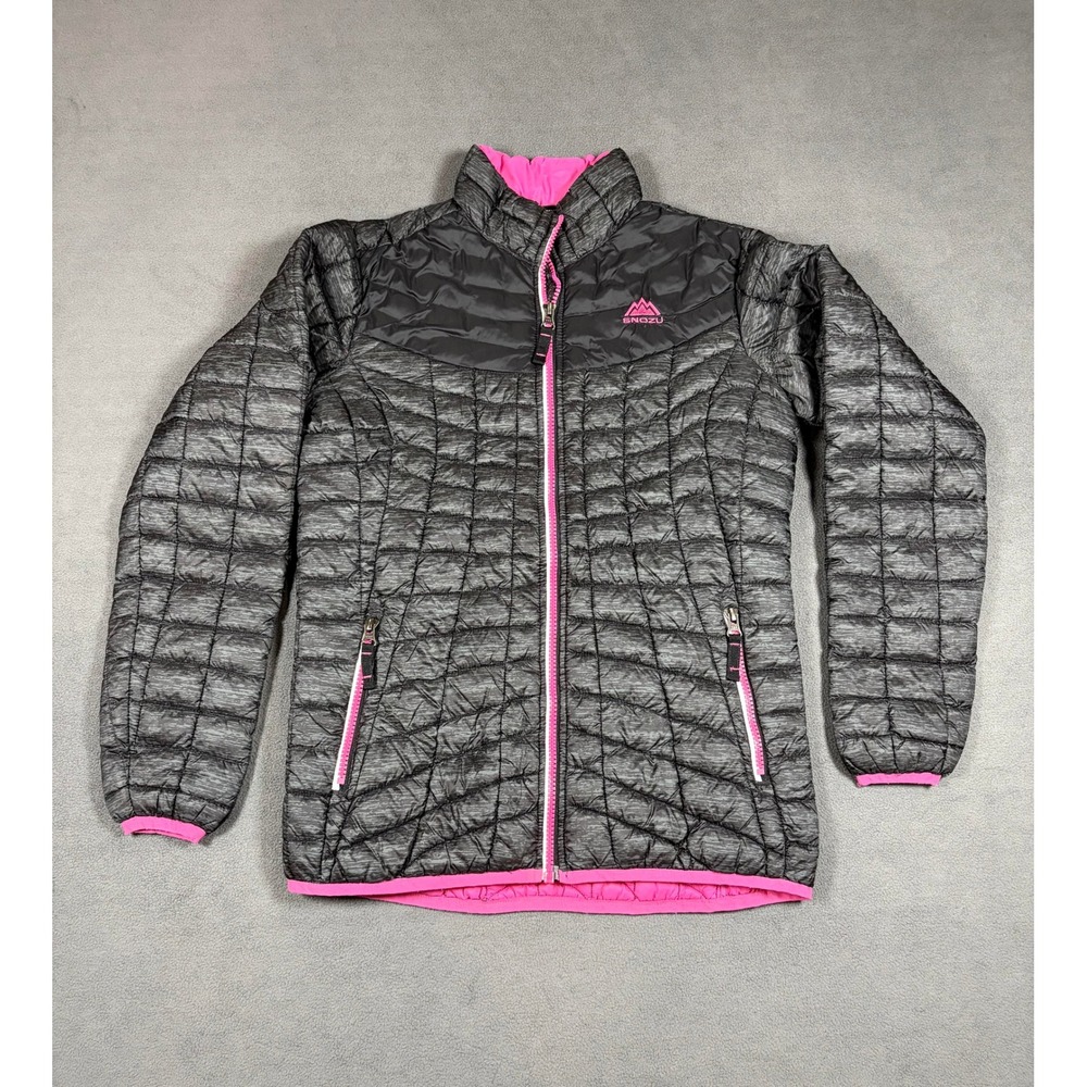 Snozu Puffer Jacket Girls Large 14/16 Gray Pink Quilted Zip Up Lightweight